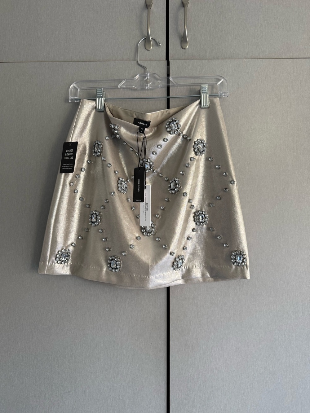 Express Metallic Jeweled Mini Skirt in Champagne